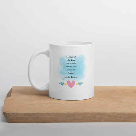 Let Go, Nourish, and Open — Inspirational Affirmation Mug